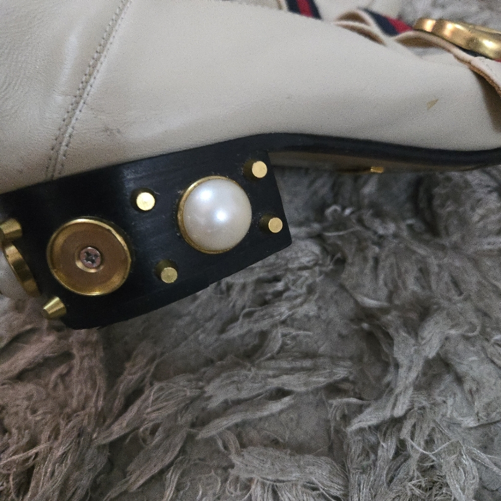 Gucci Peyton White Leather Loafers Pearl Heel Web Stripe GG Logo Sz 39 - Picture 5 of 11